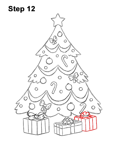 How to Draw Cartoon Christmas Tree with Presents 12