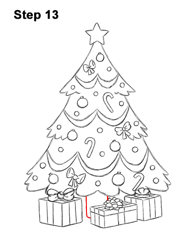 How to Draw Cartoon Christmas Tree with Presents 13
