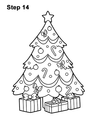 How to Draw Cartoon Christmas Tree with Presents 14
